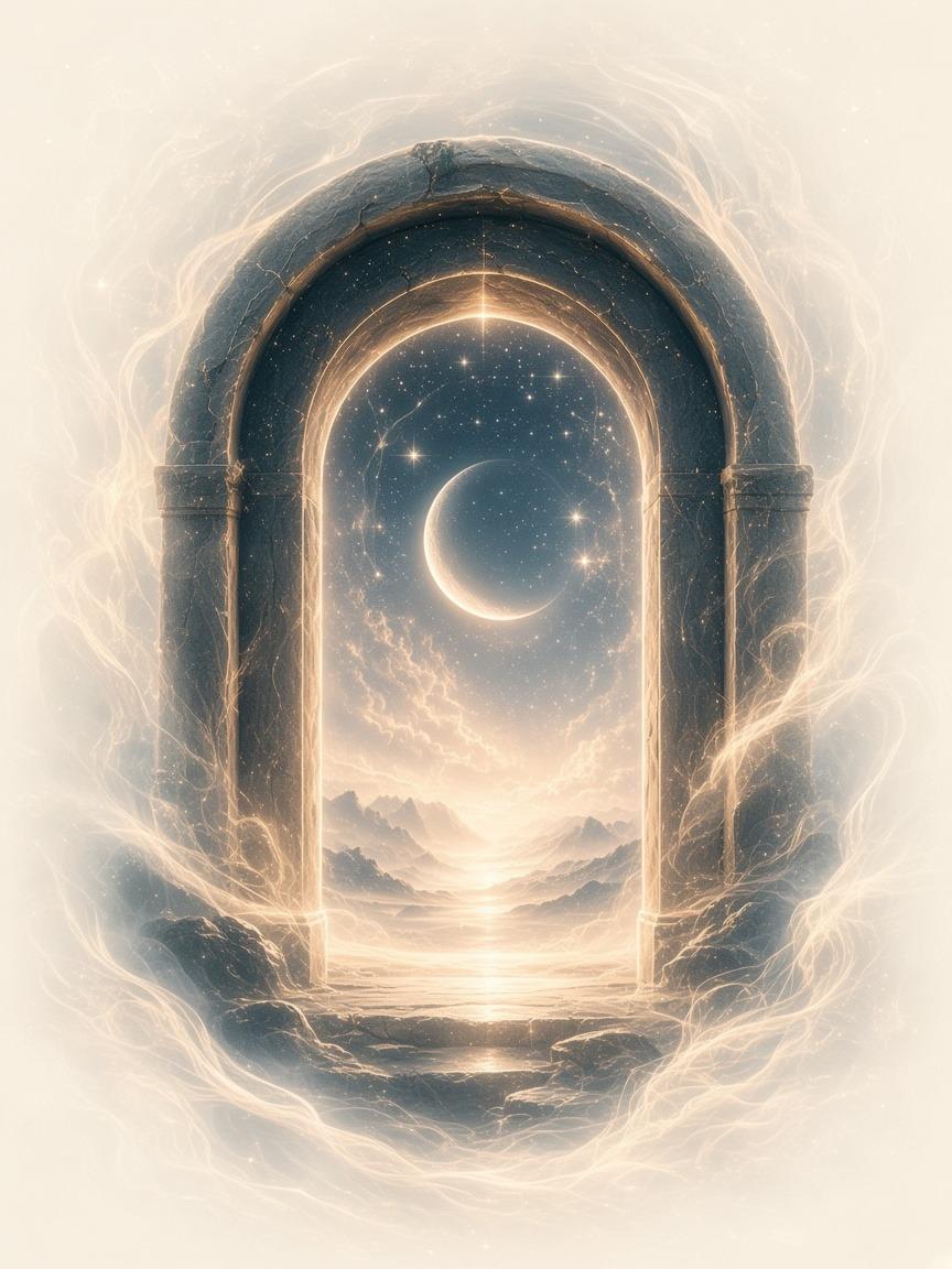 A glowing archway opening onto a starlit mountain landscape